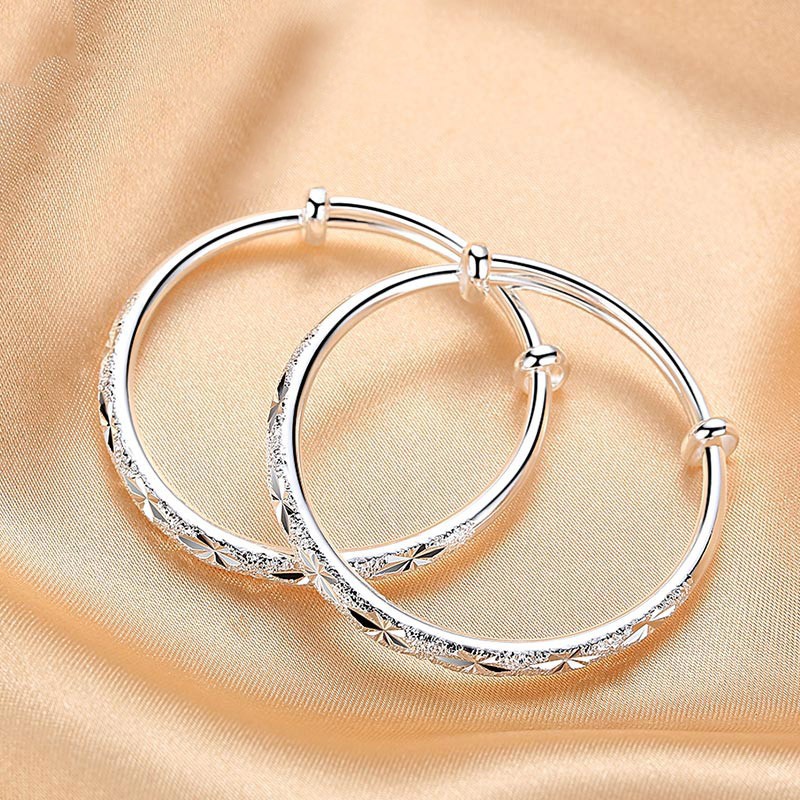 足银手镯 L24足银简约999.9实心满天星钉砂工艺时尚百搭推拉款