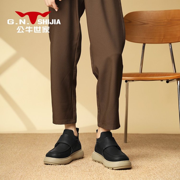 男鞋低帮鞋无套脚春秋圆头头层牛皮除牛反绒布休闲皮鞋橡胶