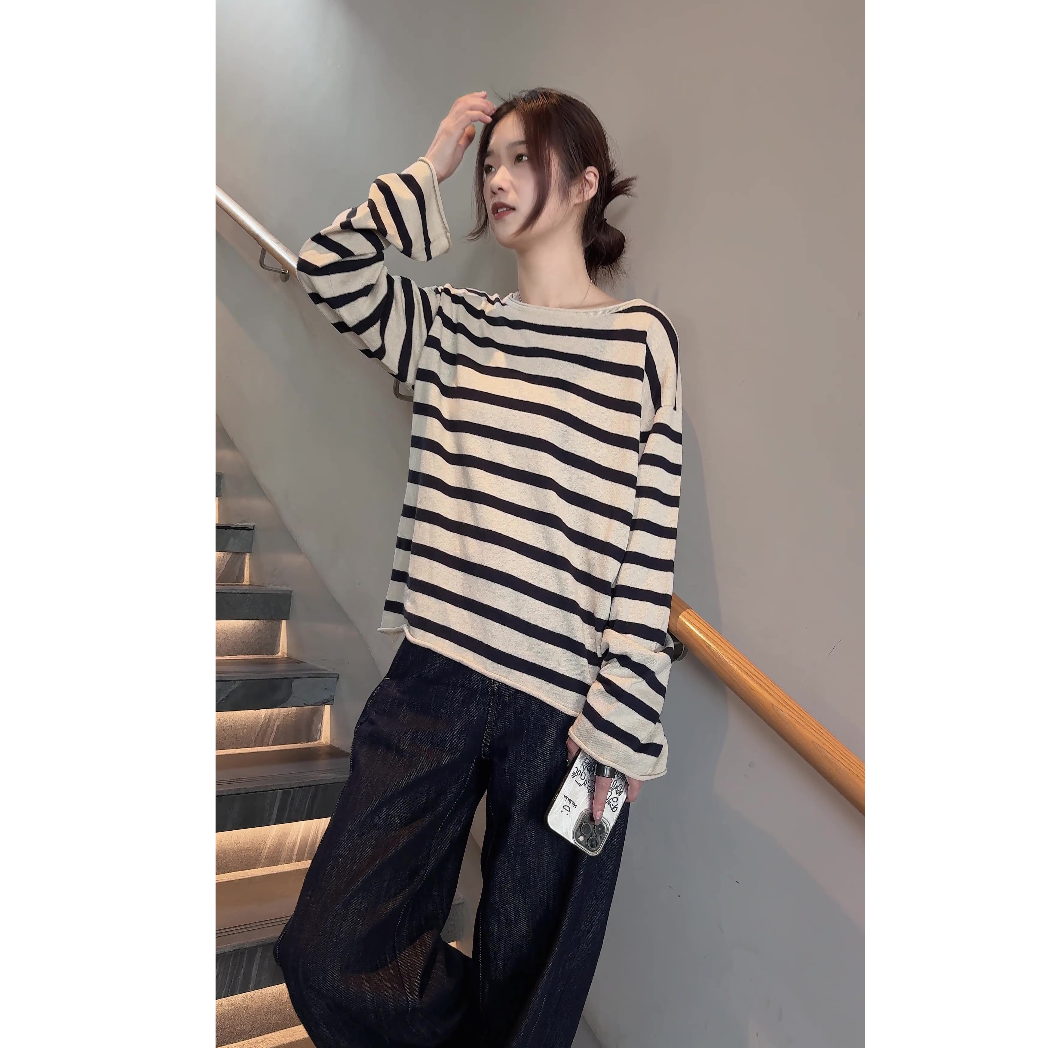 JINGXI[不简单]UPW进口可机洗亚麻条纹阔版卷边针织套头衫SJ009