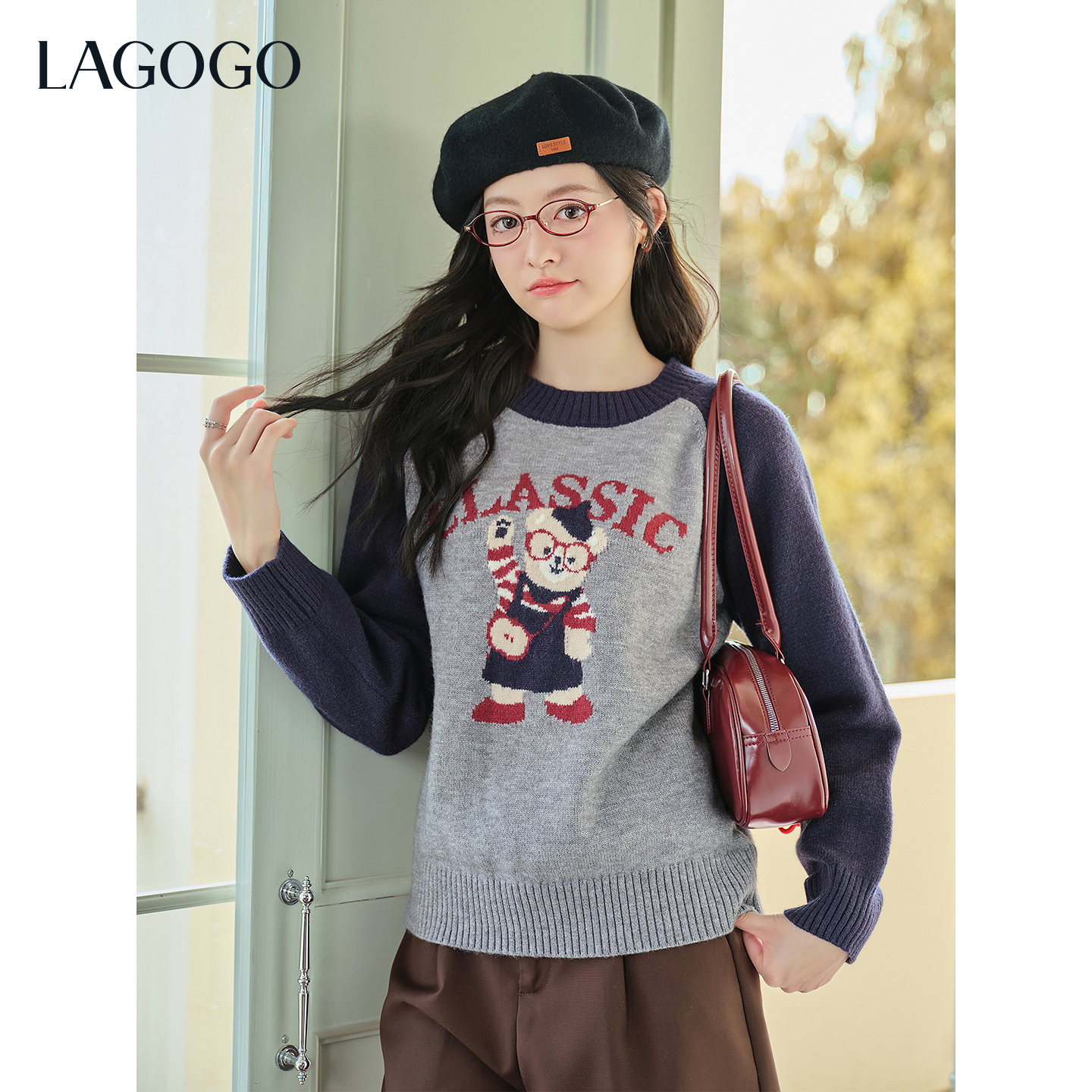 【芋总专属】lagogo拉谷谷新款招财熊插肩袖元气针织女OCMM47XGJ6