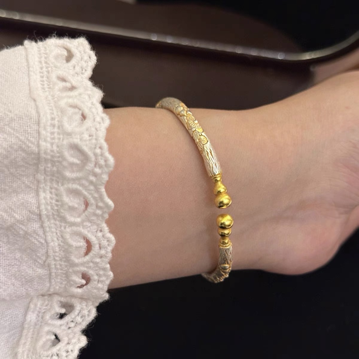 足银手镯 足银999.9描金福禄樱花开口手镯