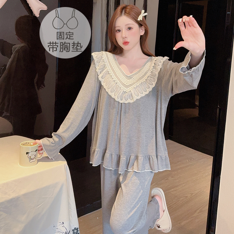 带胸垫大码睡衣女莫代尔春秋公主风长袖胖mm加肥220斤弹力家居服