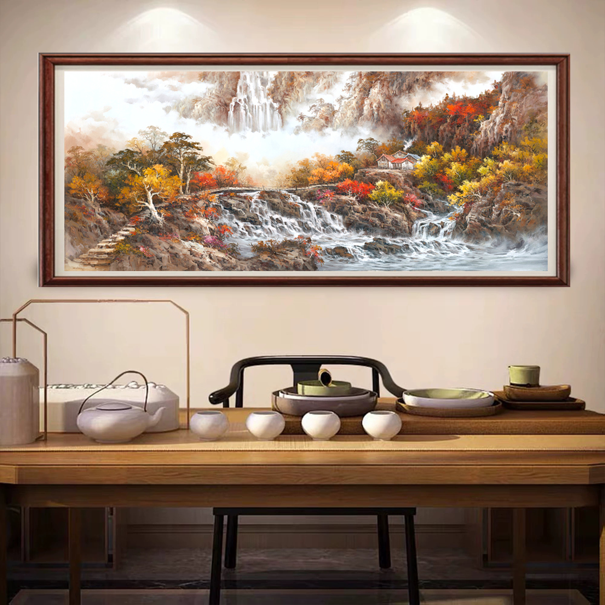 【秋山飞瀑】客厅茶室装饰画的肌理版画办公室挂画