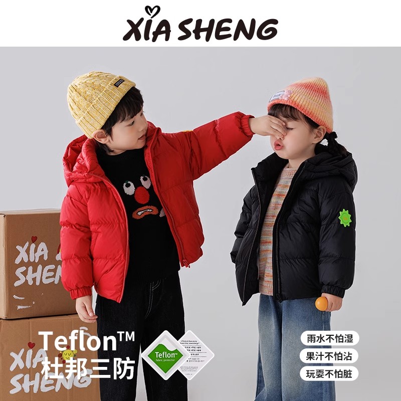 夏生红嘴雁鸭羽绒服男女童三防连帽外套加绒保暖服儿童冬装新款厚
