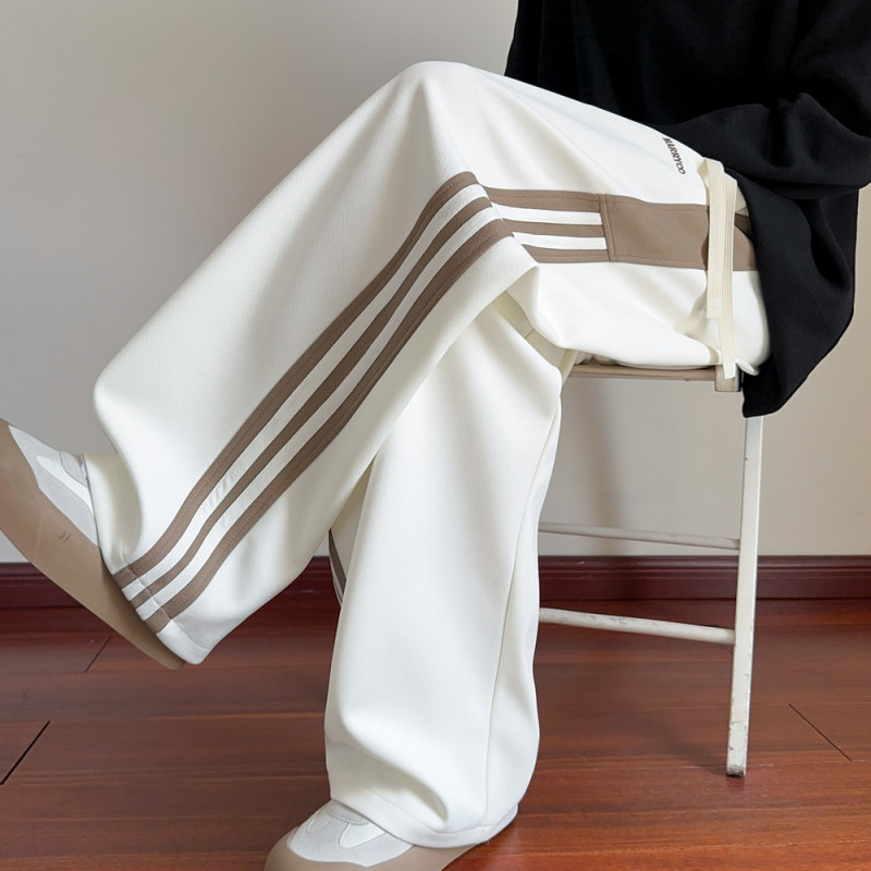 美式阔腿复古条纹裤子男秋季垂感直筒阔腿卫裤青少年运动休闲裤男