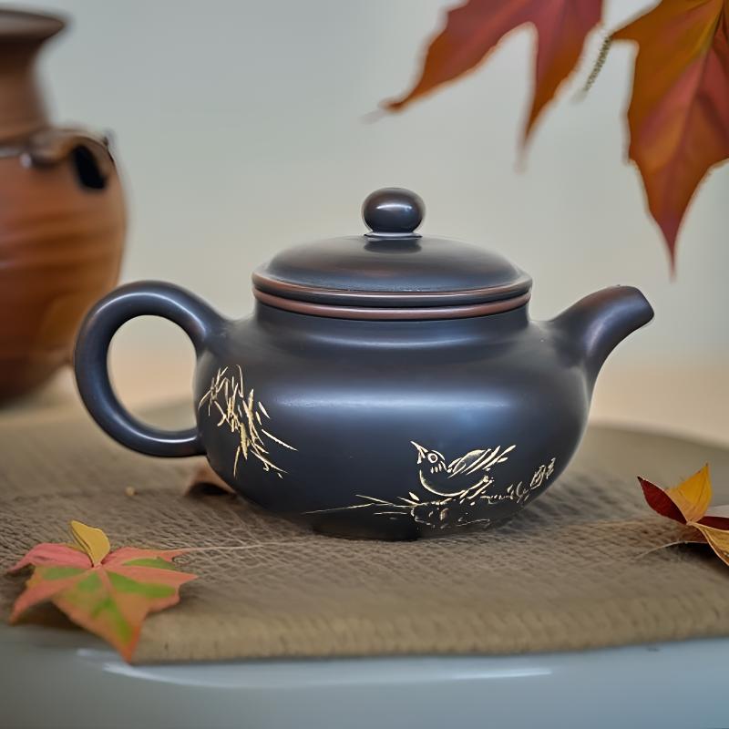 广西钦州市坭兴陶茶壶扁仿古壶线刻花鸟手工制作约230毫升