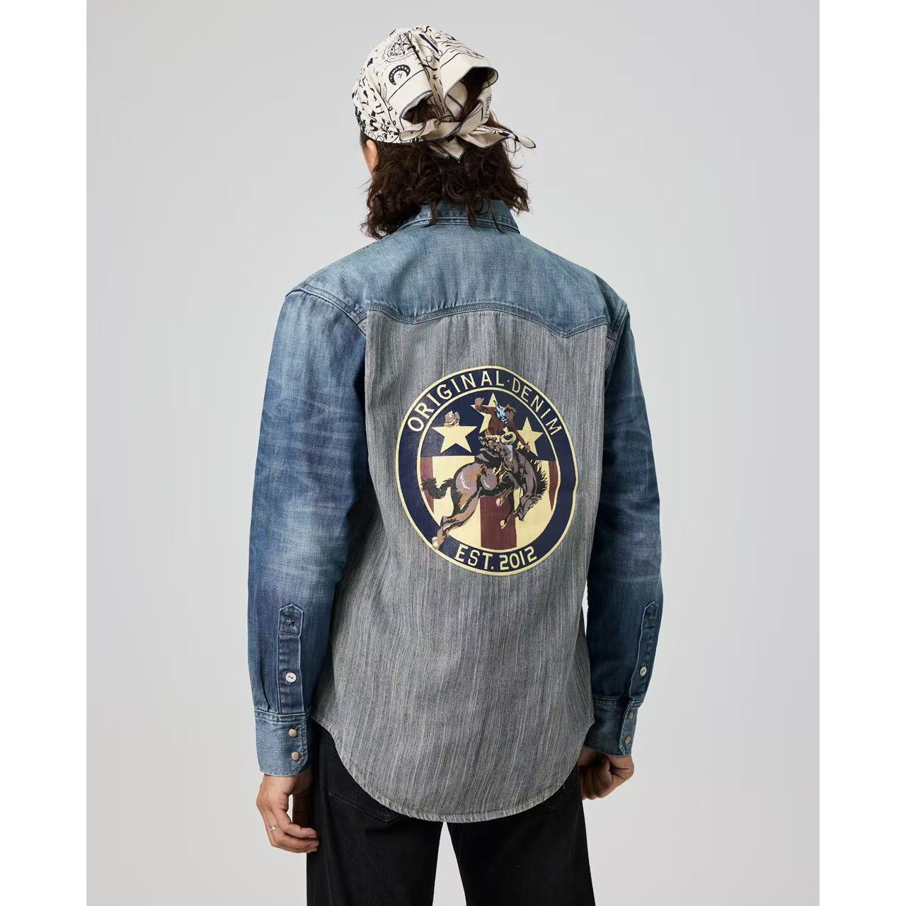 SINGLE SAILOR宽松男士百搭拼接印花纯棉休闲长袖韩版牛仔衬衫