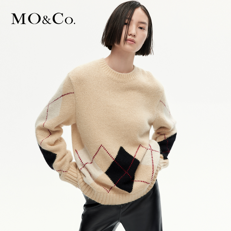 【赵老板专属】MOCO冬高比例绵羊毛菱格纹宽松廓形毛衣MBC4SWT036