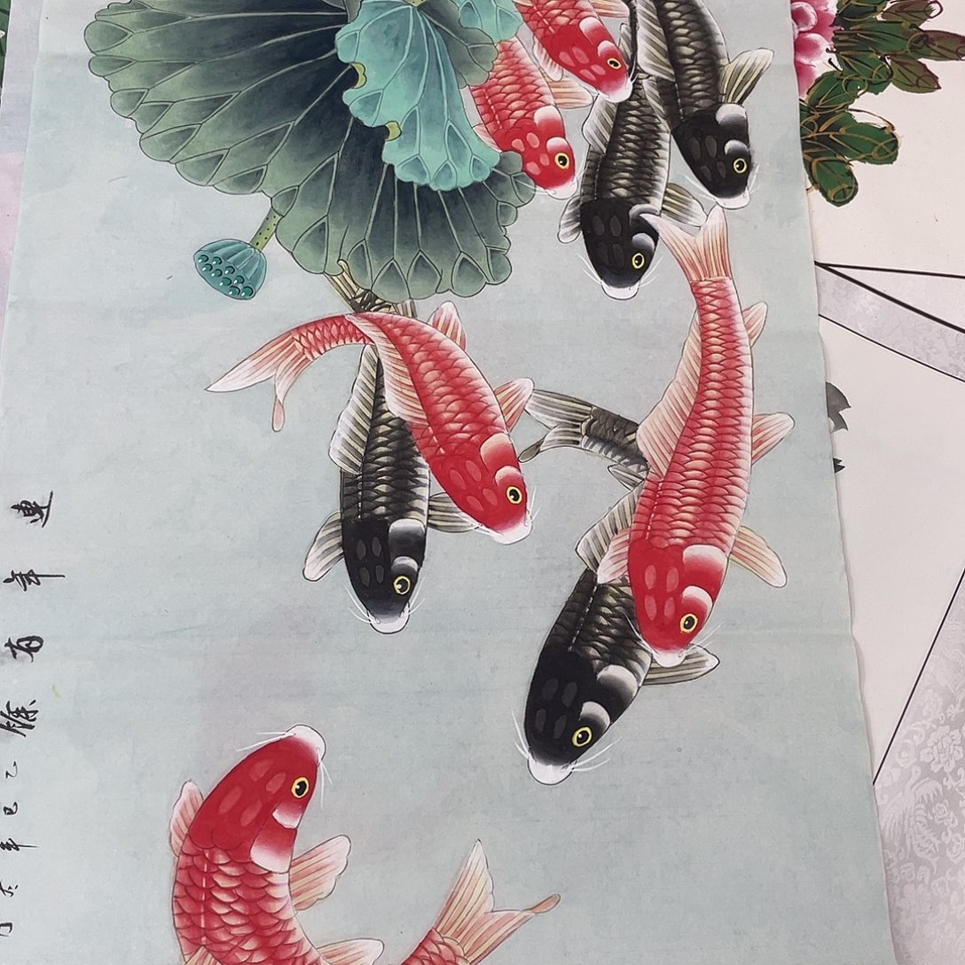 国画国画作品原稿四尺荷花鱼