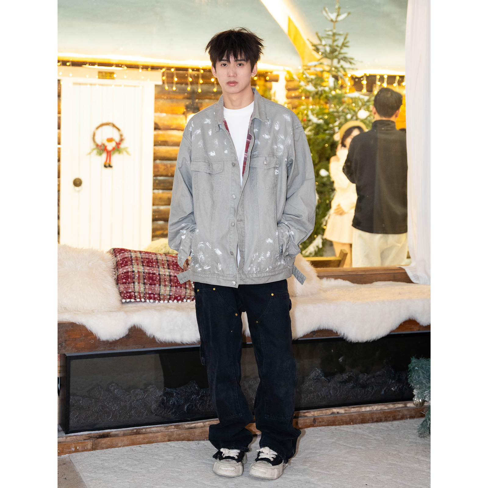 S123 美式街头做旧泼墨浅色牛仔外套男潮牌宽松bf风情侣休闲夹克