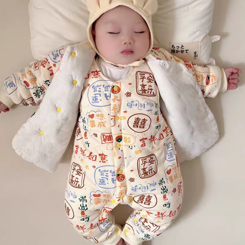 婴儿手工纯棉花棉衣服分体套装男女秋冬加厚款棉袄宝宝背带裤棉服