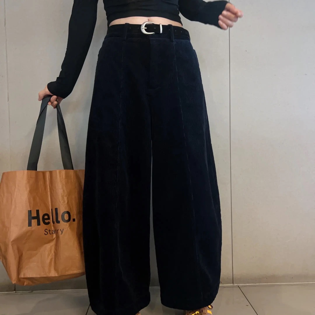 秋冬加厚灯芯绒高腰宽松显瘦设计感弯刀阔腿保暖休闲拖地裤2959