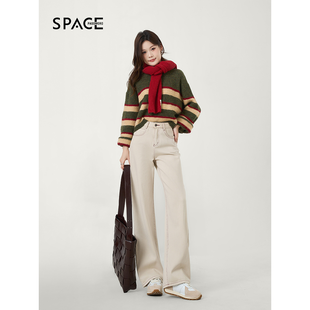 阔腿牛仔裤2025春季新款高腰宽松百搭显瘦正品拖地裤杏色裤子女款