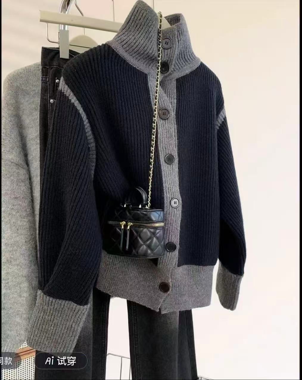 黑色高领毛衣外套冬季2025新款慵懒风翻领加厚针织开衫上衣#2549