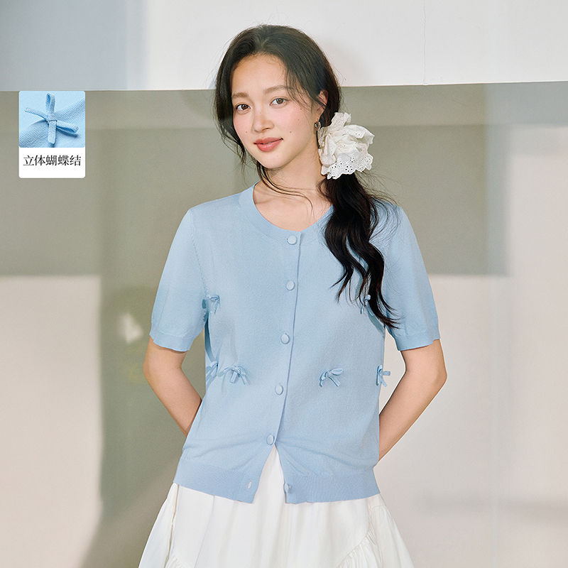 【茵曼服装】茵曼蝴蝶结针织开衫温柔显瘦短袖气质上衣W18528468