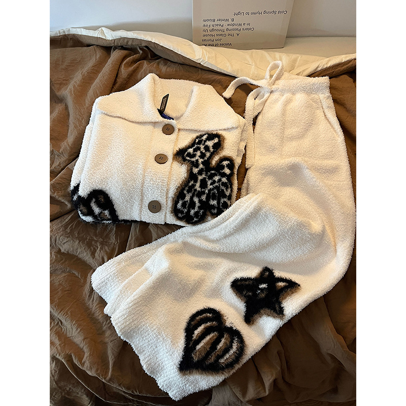韩版设计感豹纹小狗半边绒睡衣女秋冬款加厚保暖毛绒居家套19B018