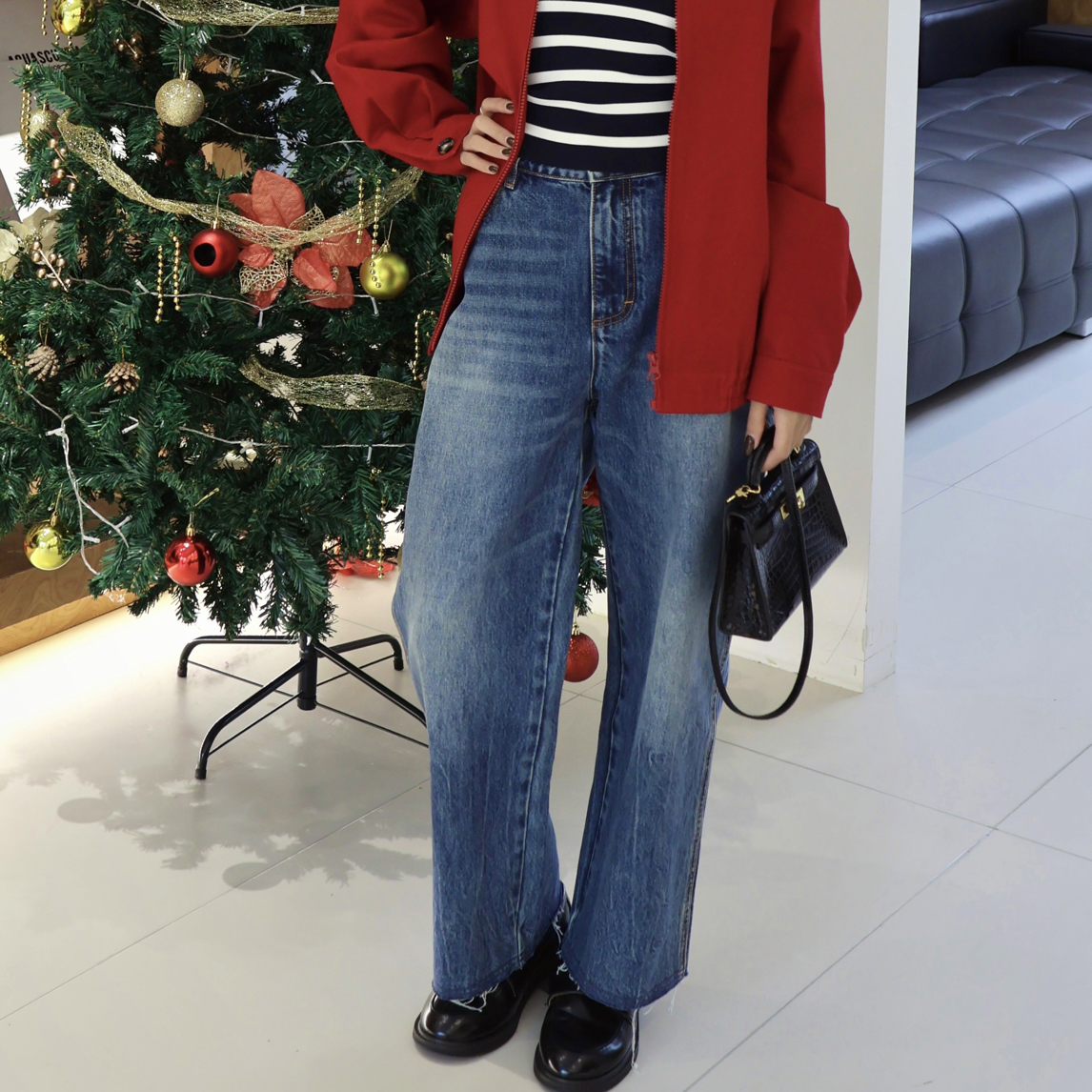 WIWH长裤｜『HQQ专属』复古做旧显瘦睫毛边九分裤3E301