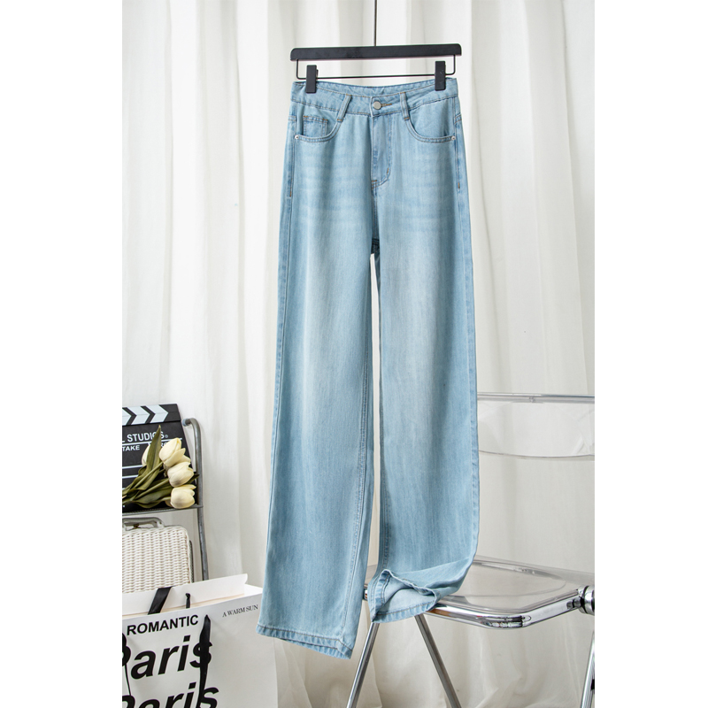 织志2025夏季高腰显瘦女薄款竹节纹莱赛尔直筒阔腿牛仔裤5013