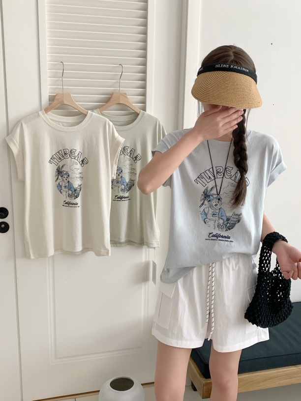 7033【2025夏新品】小飞袖重工卡通宽松夏季韩版圆领短袖