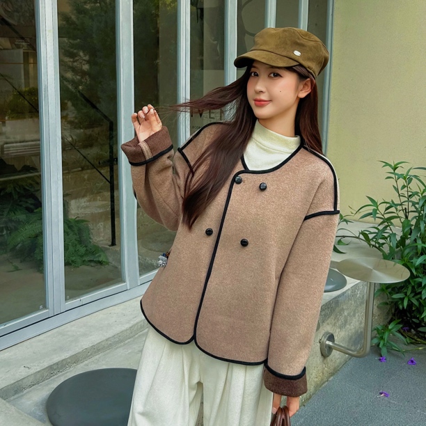 妮妮家9105秋冬新款时尚百搭双排扣圆领小香风上衣外套