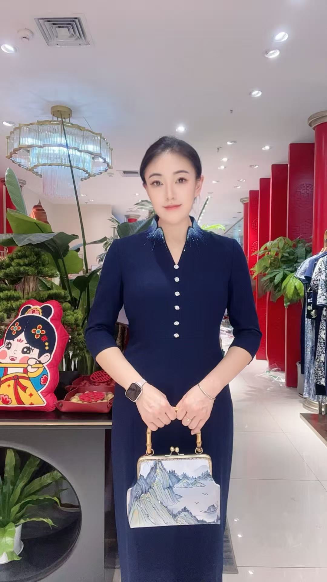 朱紫褕17979旗袍裙/七分袖/V领/气质/时尚/显瘦/优雅