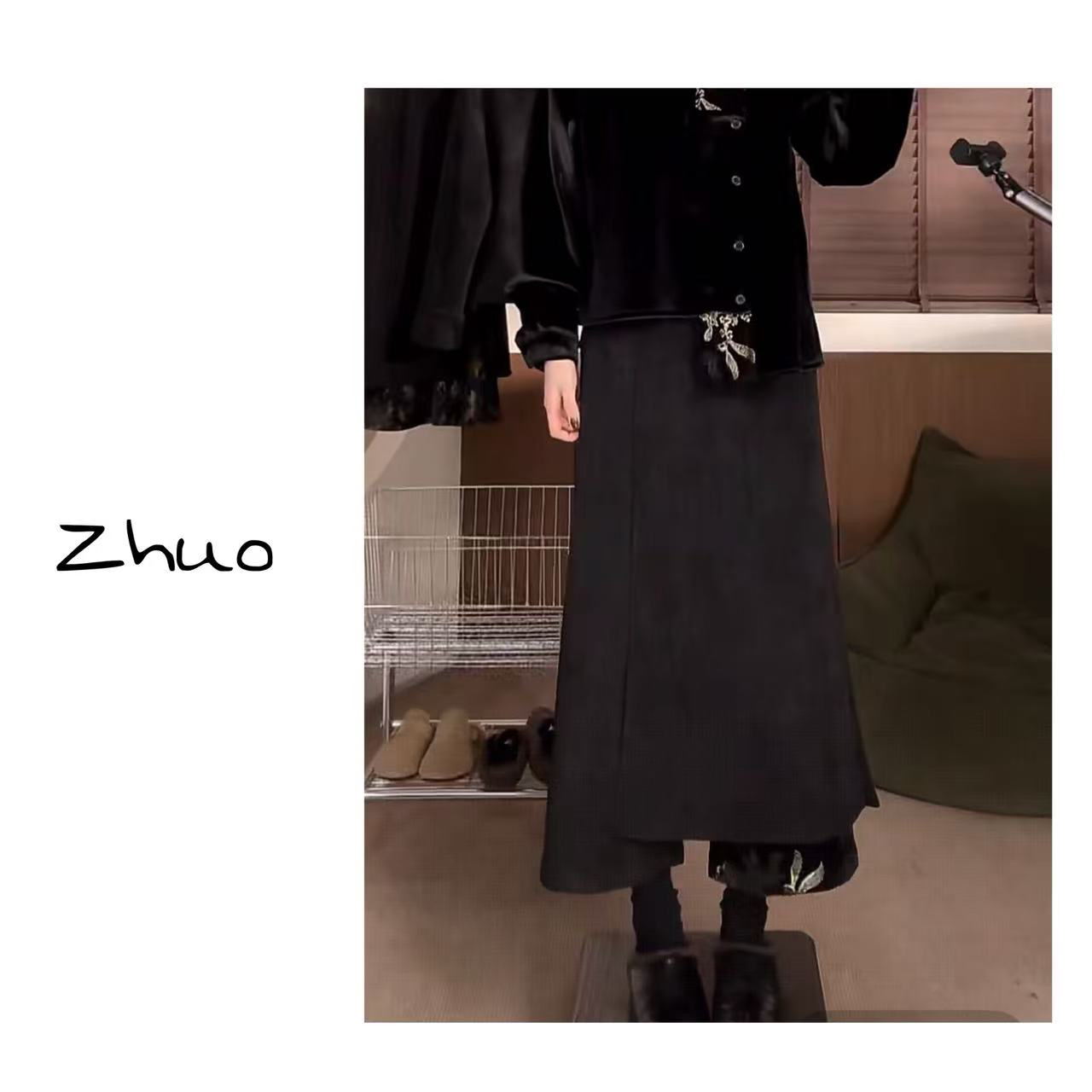 Zoe 原创【倒影裙裤】冬季复古纹理加绒加厚单边裤脚拼接刺绣裙裤