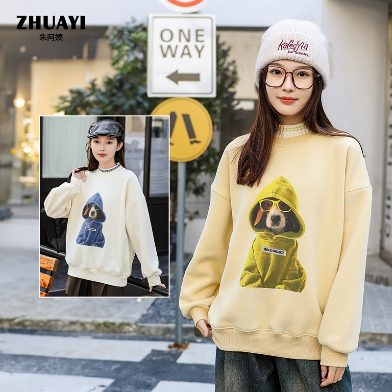 新款女大童卫衣加绒加厚保暖上衣套头针织领口卫衣冬装24403346