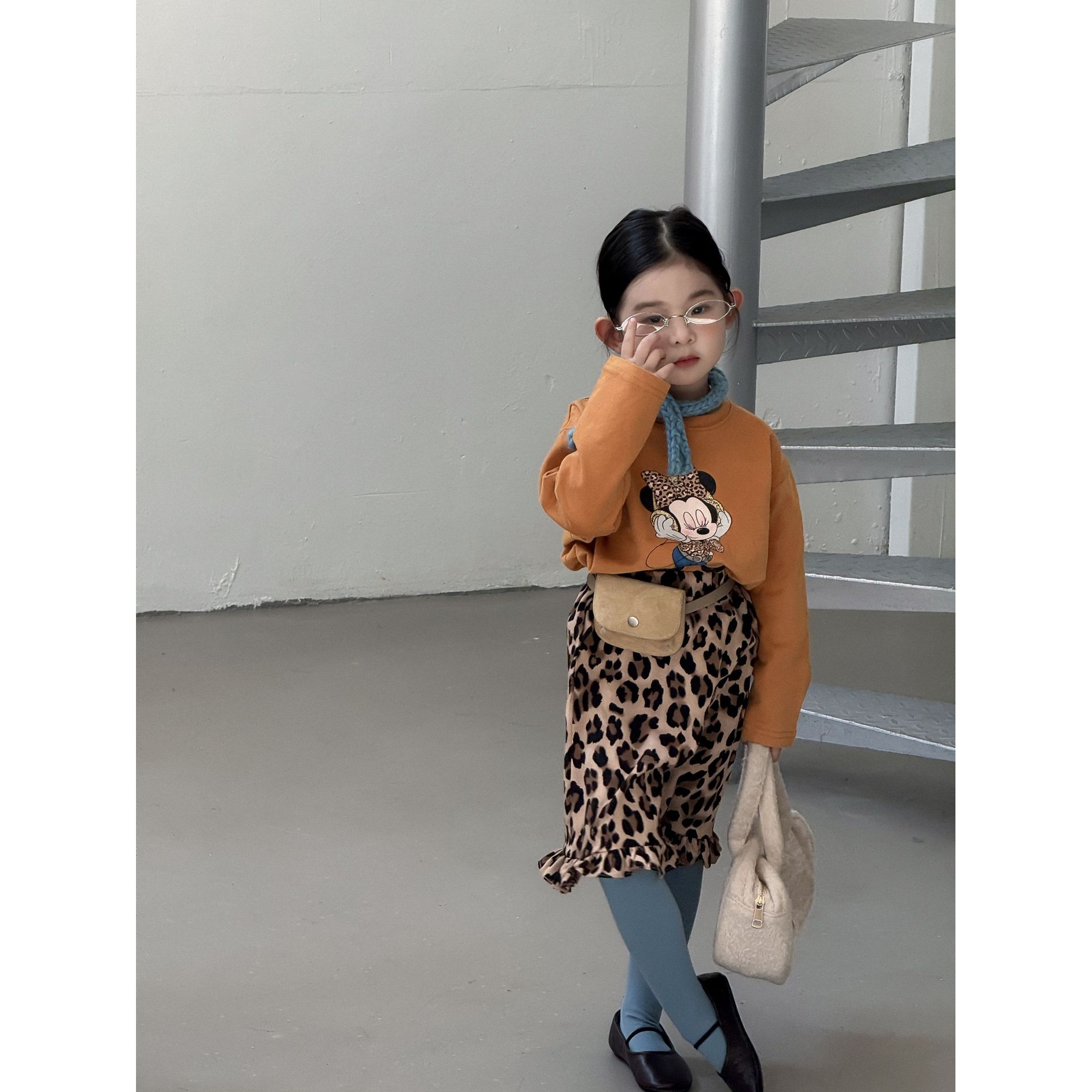 小粉象 ·女童2025秋季新款韩版时尚卡通印花T洋气豹纹半裙套装
