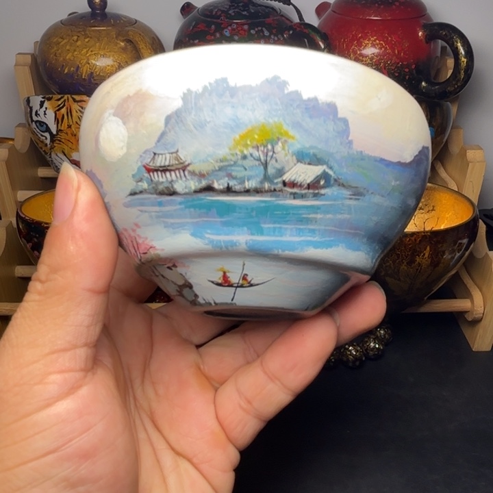 茶盏寒江孤影大漆重工手绘