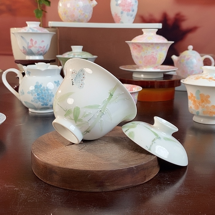 竹子盖碗釉下手绘高温