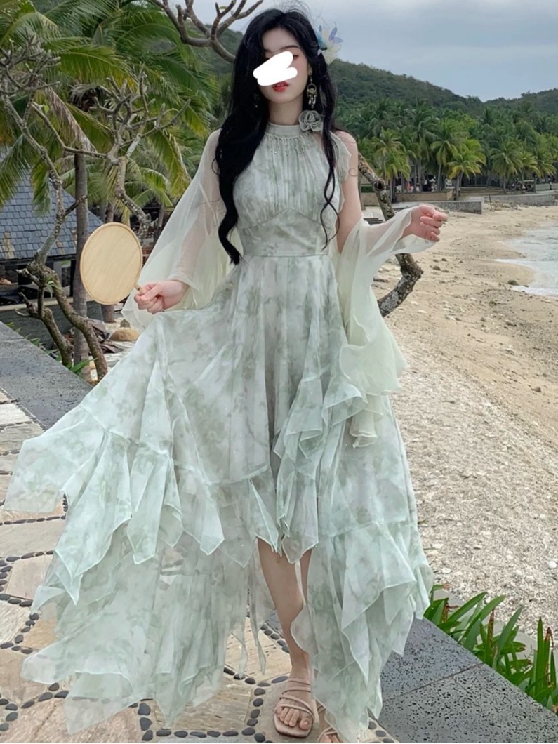 现货秒发-- 浪漫印花度假风裙子+披肩+胸针三件套