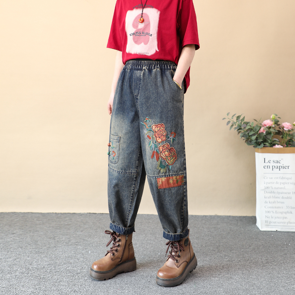 复古民族风牡丹花刺绣牛仔裤女宽松口袋绣花贴布九分哈伦裤长春装