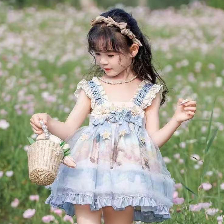 女夏季欧美风纯色中国风连衣裙女童甜美裙子演出服花童小女孩
