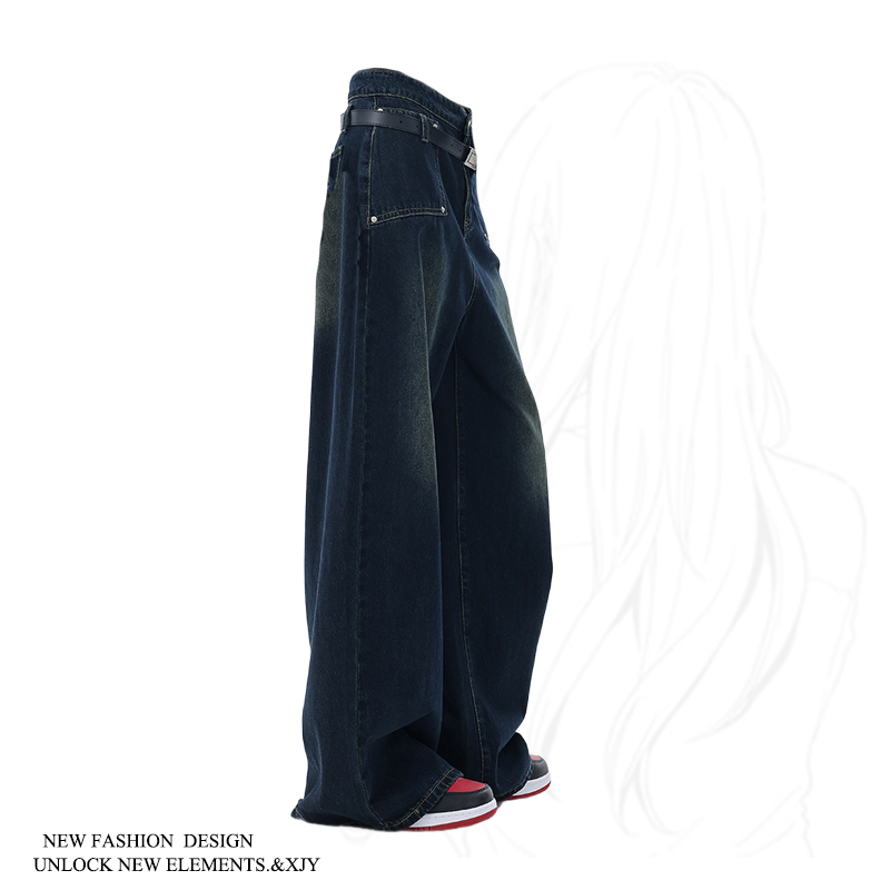 美式复古水洗阔腿牛仔裤女春秋新款渐变设计感小众百搭直筒拖地裤