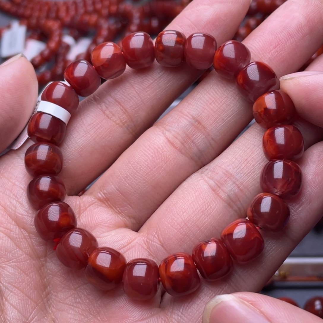 旧***梦南红玛瑙未镶嵌南红玉石10mm瓦西玫红火焰纹老型手串