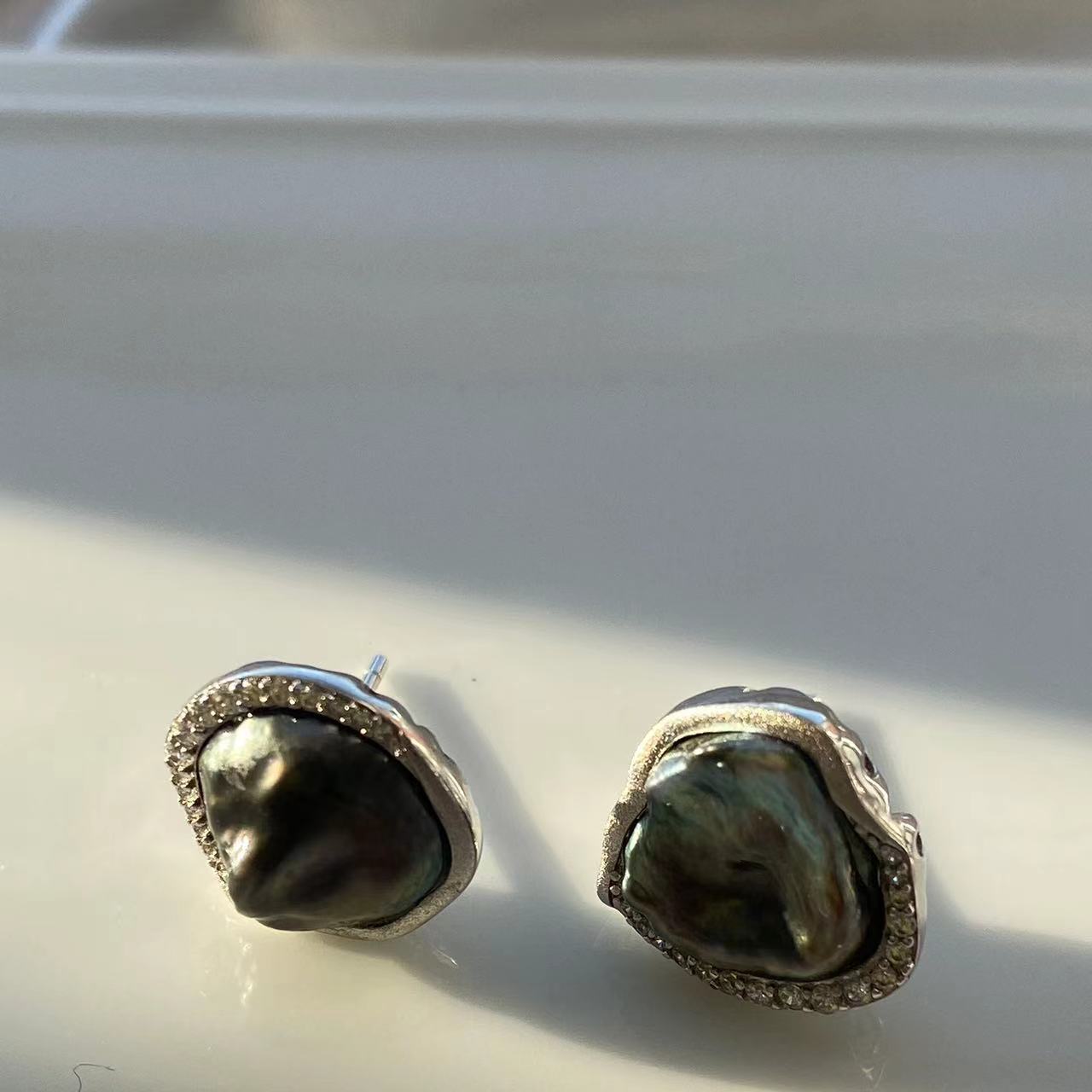 黎初925银镶13.3mm海水珍珠大溪地克旭耳钉，