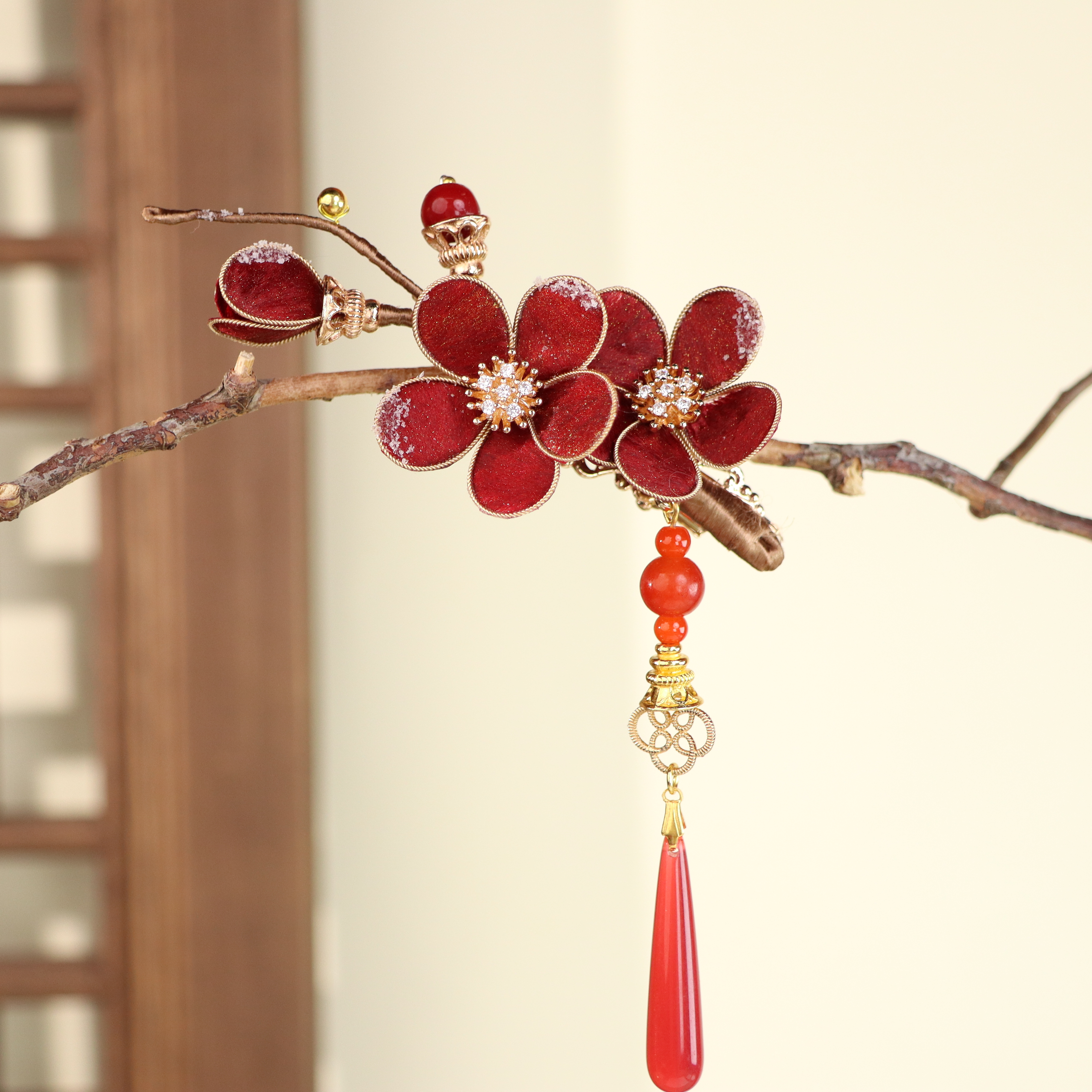 【十二花神·一月】非遗绒花红色梅花发夹手工百搭发卡复古3