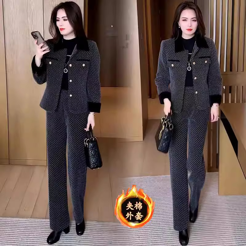 毛呢西装套装女冬季时尚宽松显瘦加厚保暖夹棉短外套阔腿裤两件套