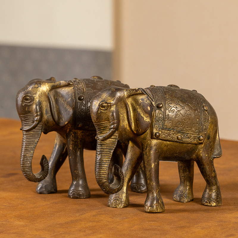 清 铜鎏金大象摆件（一对）古董收藏