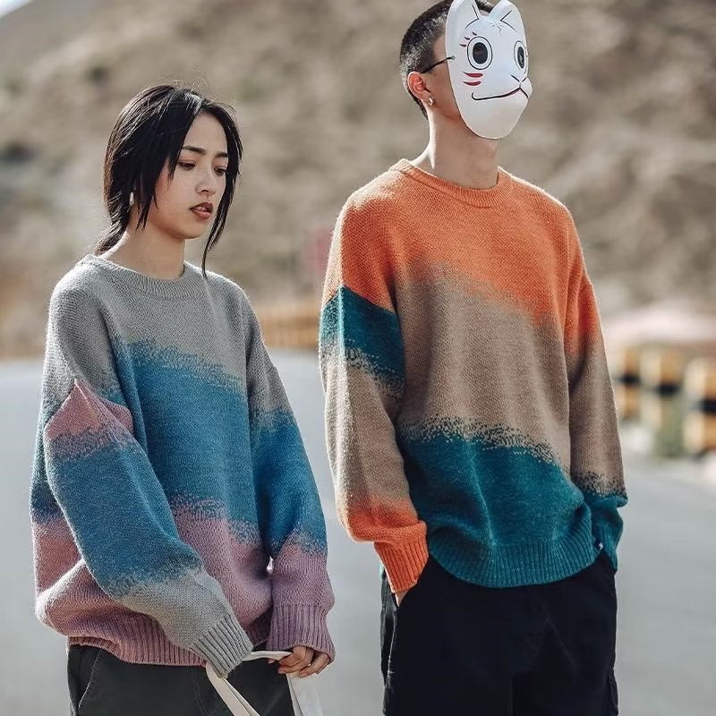 慵懒风秋冬扎染圆领套头针织毛衣男女情侣款宽松休闲