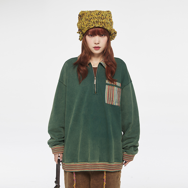 DNT/韩火火 复古风休闲宽松印花polo领半拉链做旧拼色卫衣新款