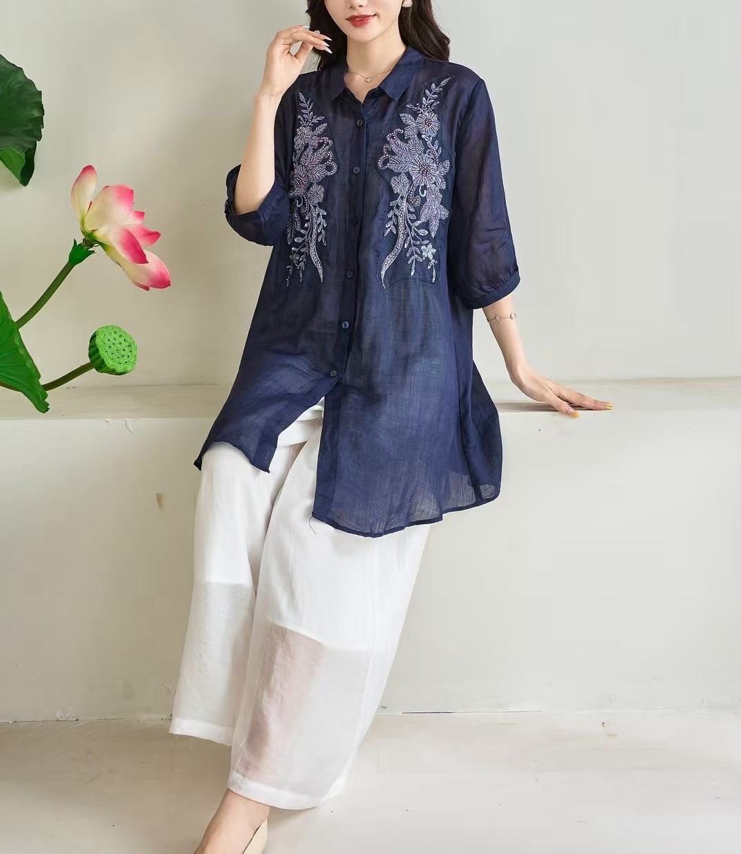 夏装82585复古重工刺绣衬衫宽松显瘦新款长款七分袖苎麻衬衣