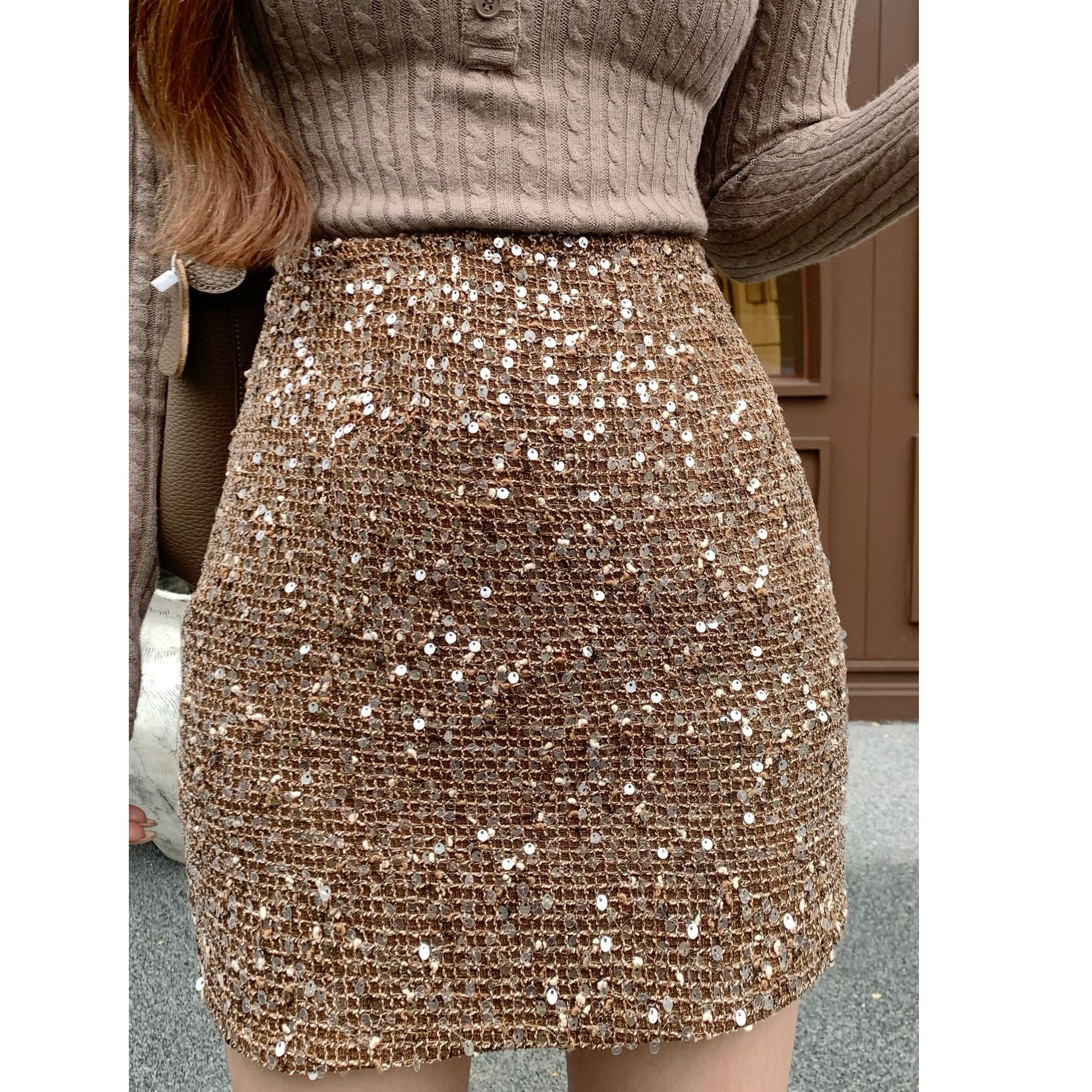 SZA【闪耀新星】冬季新款气质高级感重工亮片修身高腰短裙A-2476