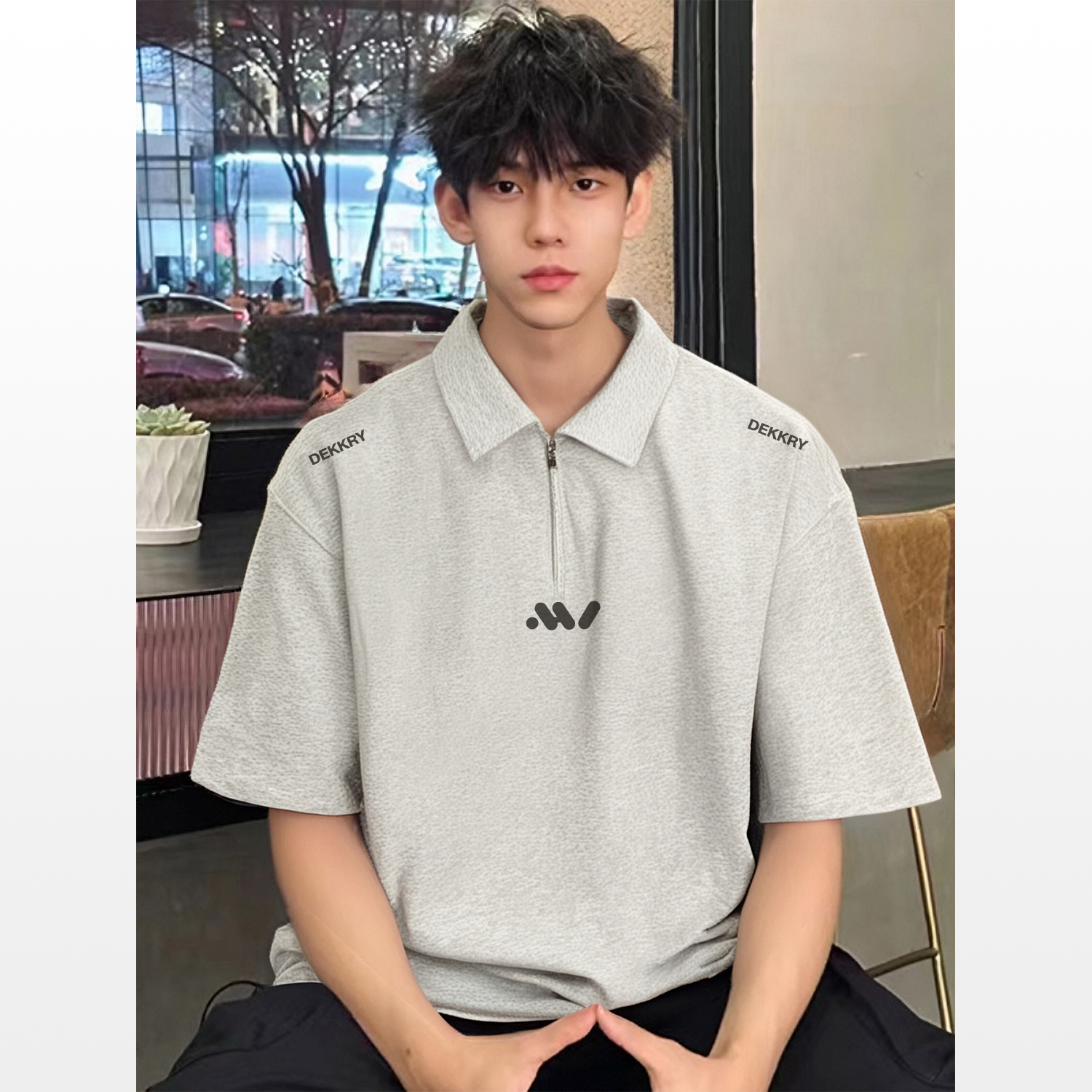 100%纯棉美式简约个性字母印花短袖Polo衫T恤男女夏宽松翻领上衣