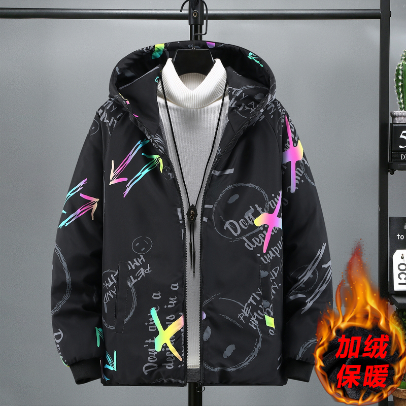 2025秋冬新款青少年加绒加厚连帽印花宽松保暖夹克厚外套棉袄学生