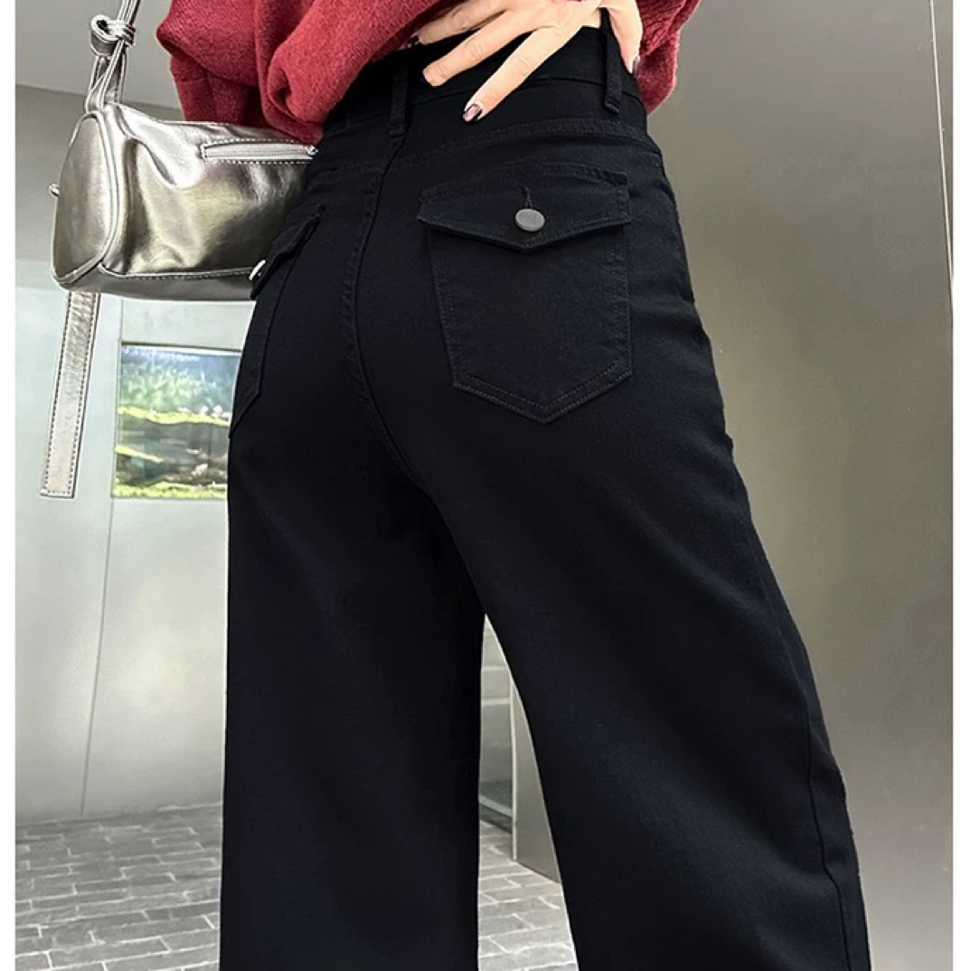 345#【个别瑕疵介意勿拍】高腰加绒加厚口袋设计阔腿裤