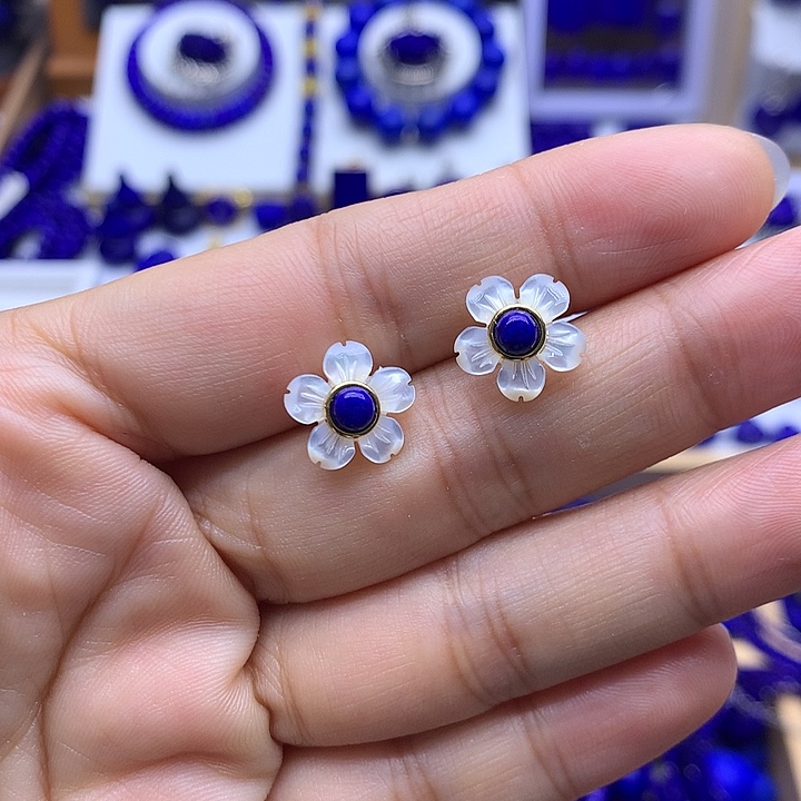 青金石银S925镀金镶嵌耳钉