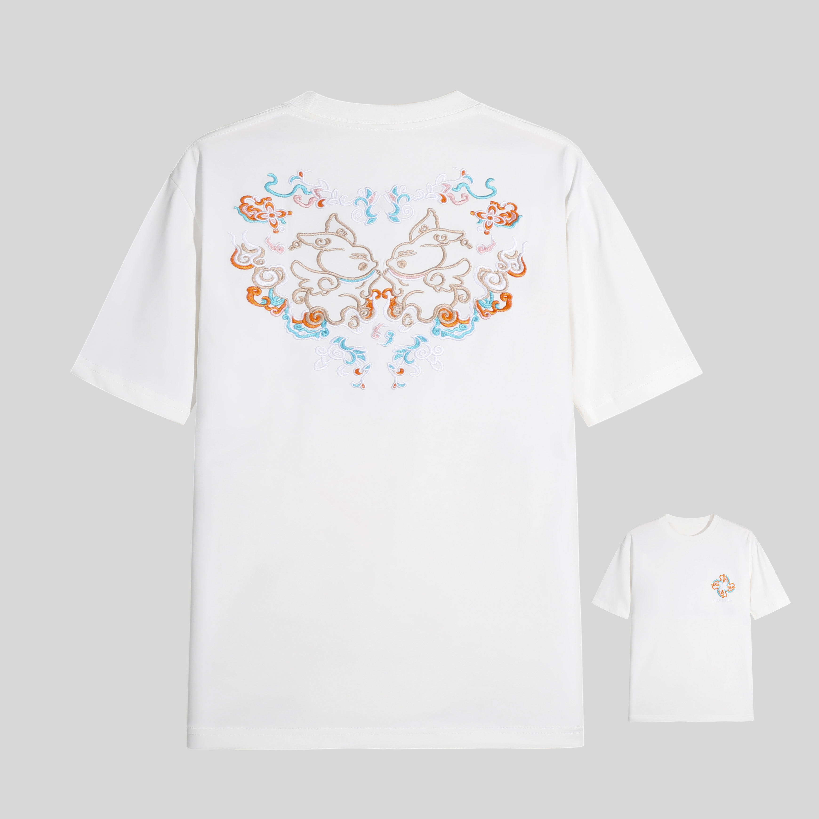 222欧货2025潮牌刺绣双兔子短袖T恤男女同款情侣半袖