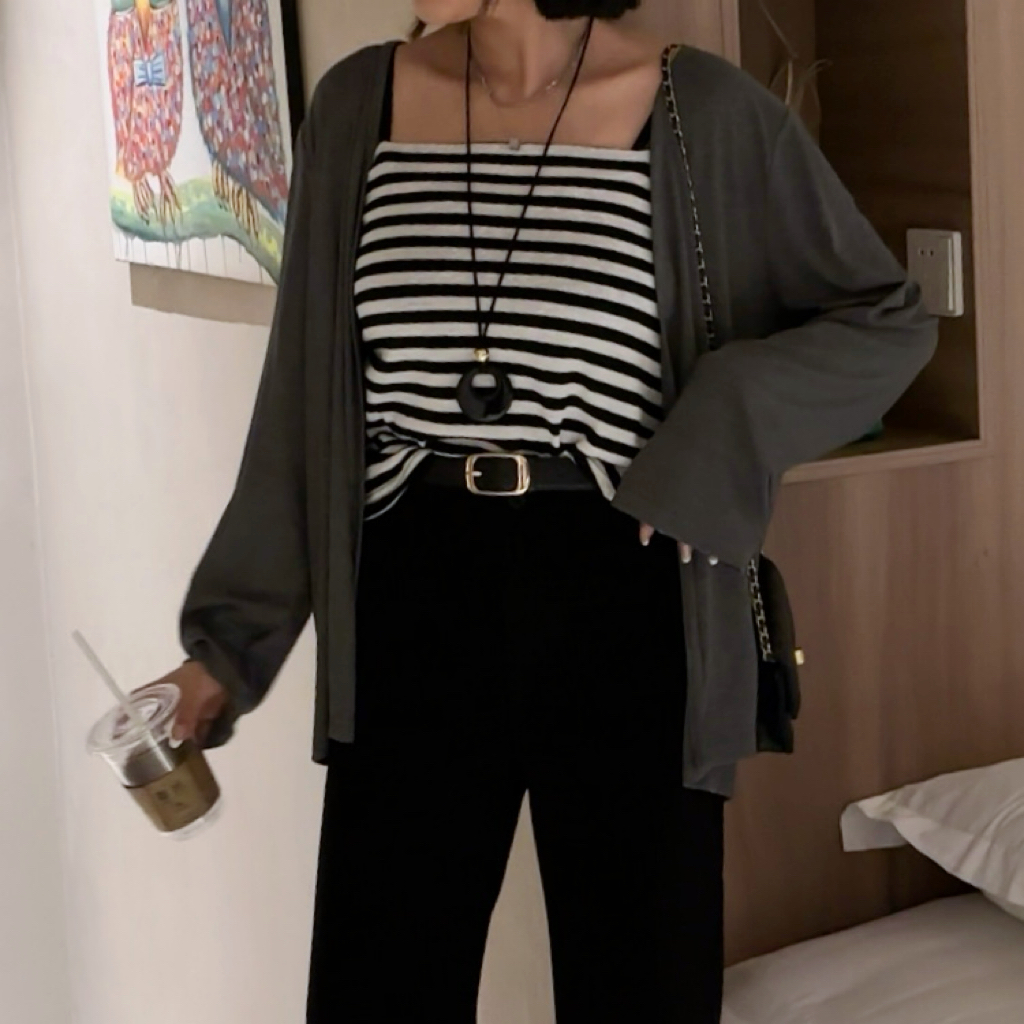【秋上新】胖mm显瘦条纹背心上衣开衫两件套女200斤大码女装_550_DD