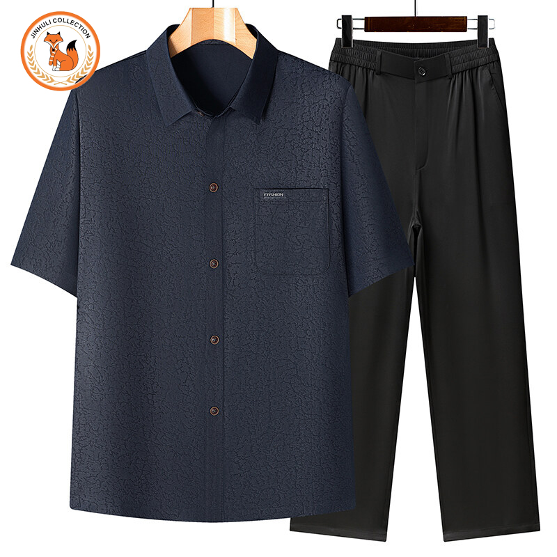 金狐狸2025夏季新款中老年短袖衬衫套装档次中国风爸爸唐装送爸爸